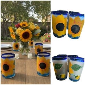 4 Vintage Talavera Mexican Hand Blown Frosted Sunflower Thick Glass Tumbler Set